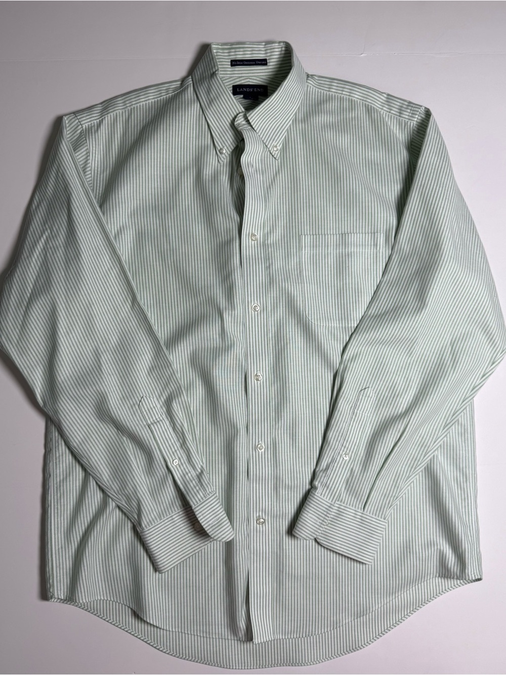 Lands' End No Iron Oxford Striped Green White Shirt L 16-16.5 Smart Casual